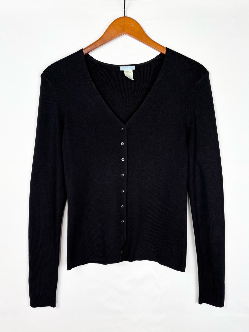 Urchin Mark Eiser Silk Ribbed Button Up Knit Top Black Size M V Neck Stretchy